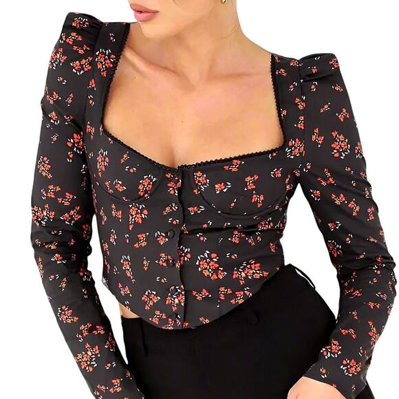 Rumored Black Floral Long Sleeve Bustier Crop Top Small Antoinette Spanish Poppy - Picture 1 of 4